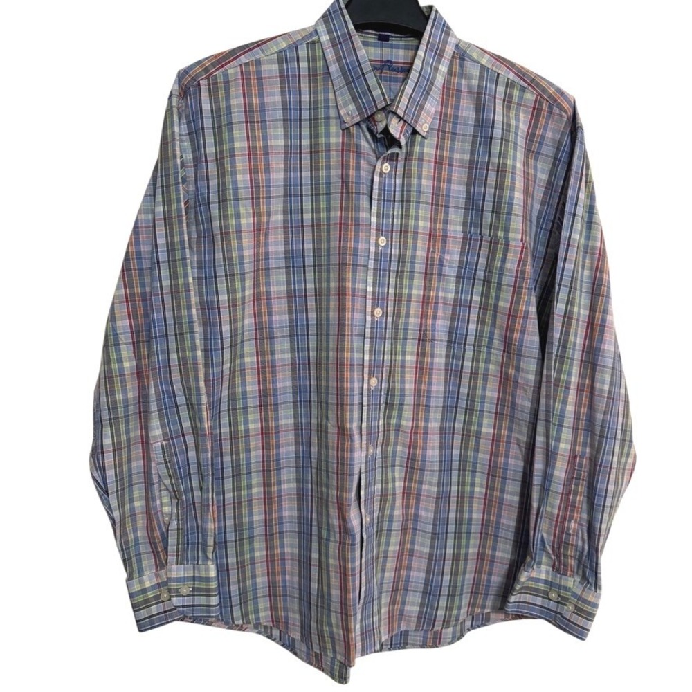 Alan Flusser Button Down Shirt Mens XL Long Sleeve Plaid Flannel Colorful Blue